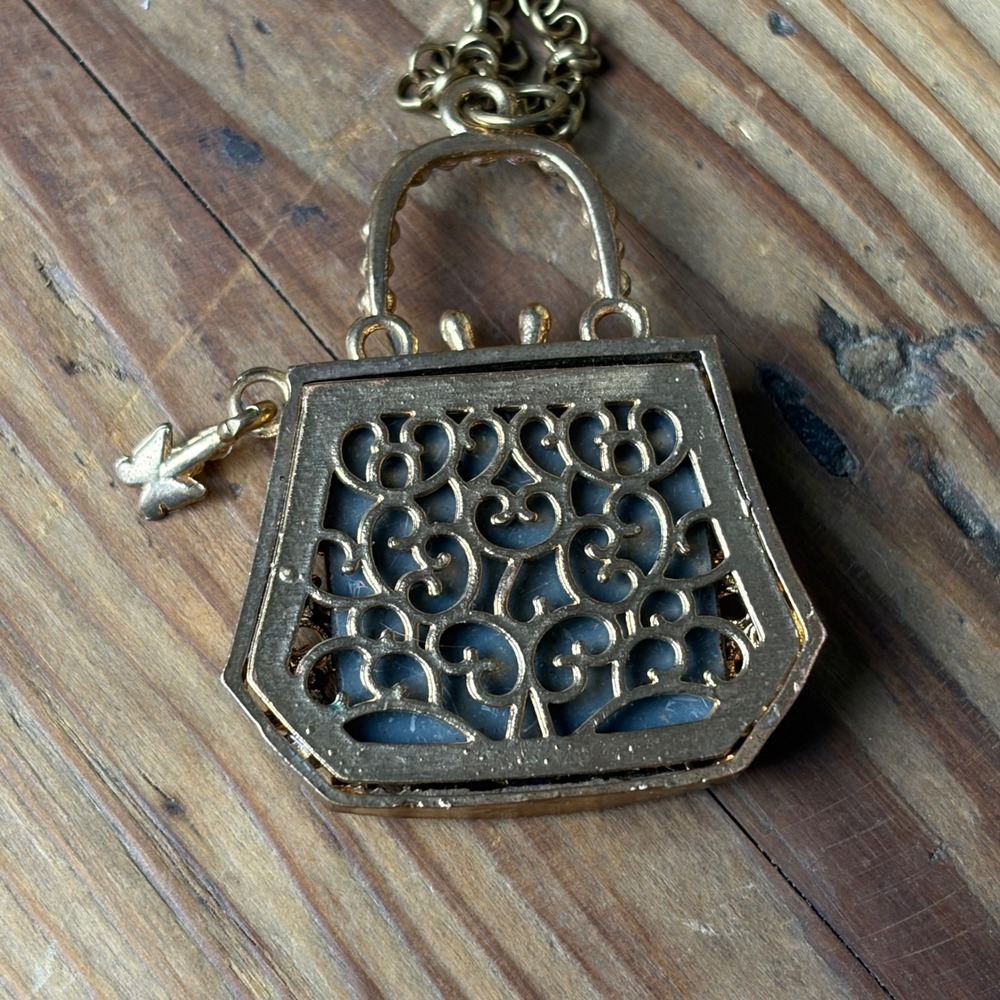 Betsey Johnson Gold Tone Rhinestone Purse Pendant Necklace 28" Adjustable Chain - Picture 3 of 6